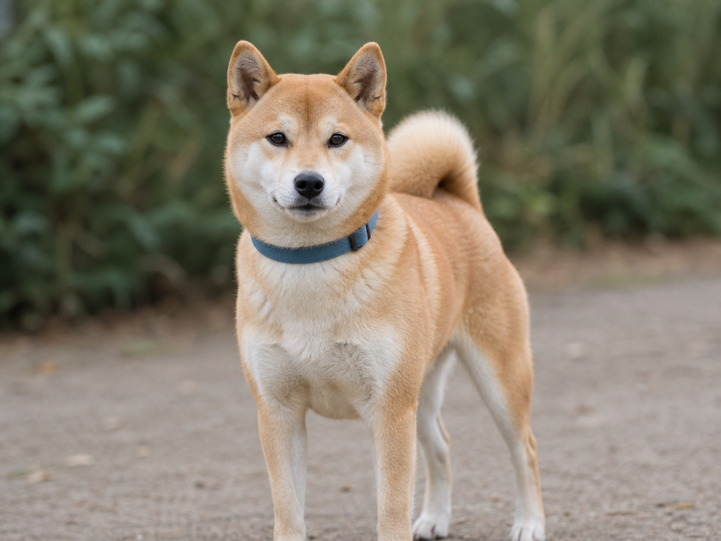 青い首輪を着けた茶色の柴犬のイメージ画像